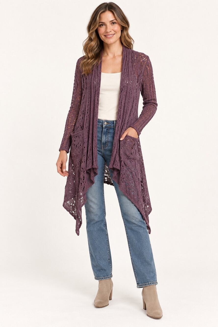 CAbi Purple Open Knit Waterfall Cardigan Sweater Women’s Medium